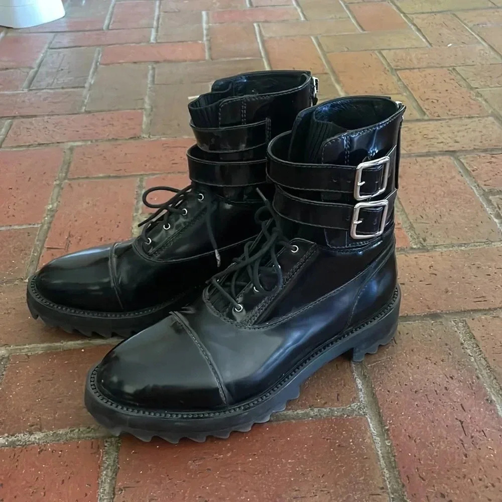 TAMARA MELLON Black Patent Leather Combat Boots Women' 38.5 Chunky